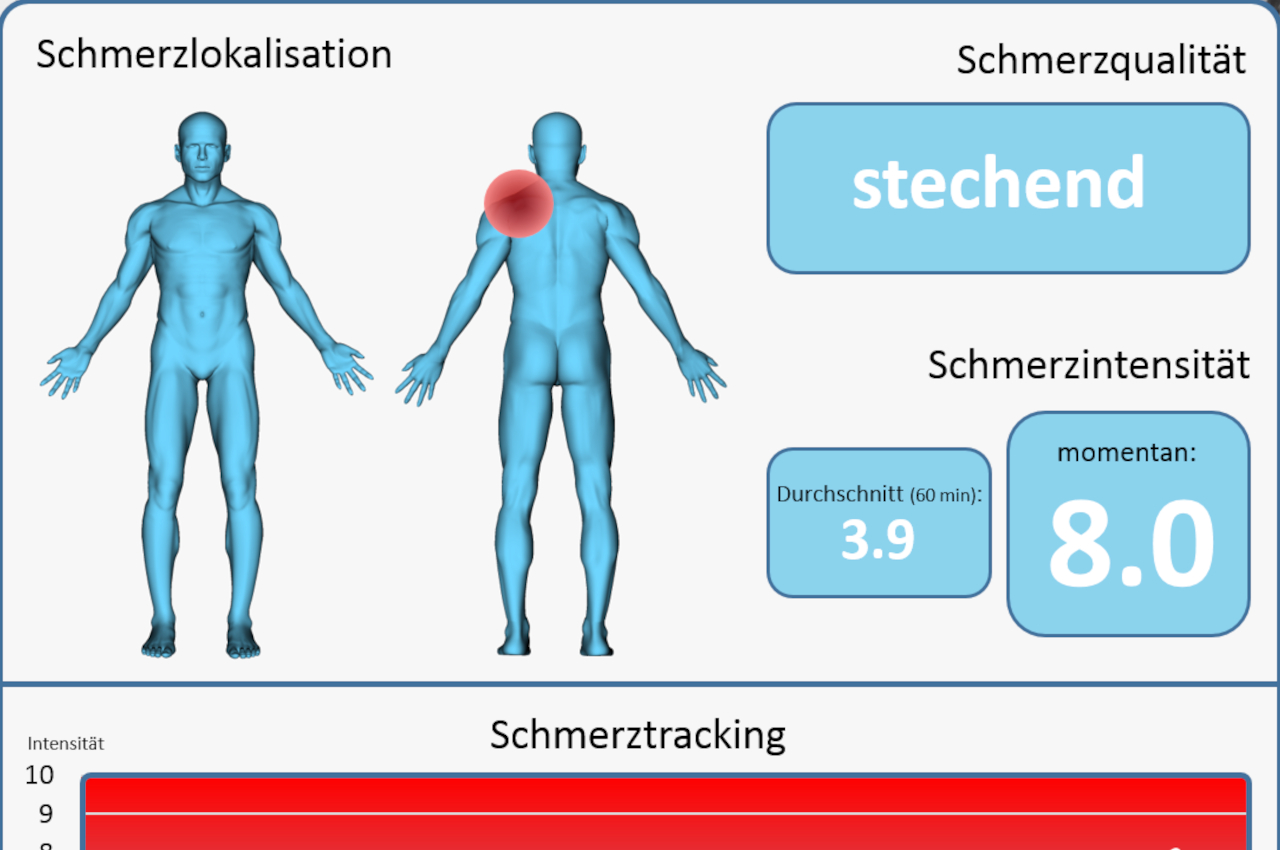 Exemplarische Vision eines Schmerzmonitoring-Screens. Es werden Angaben zur Schmerzqualität ("stechend") und Schmerzstärke gezeigt.